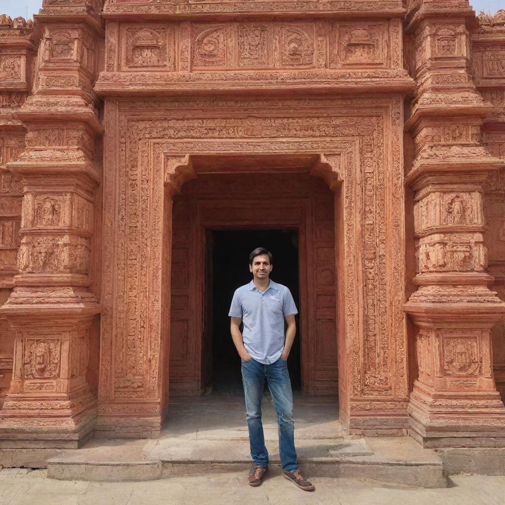 A man named Ankit standing in front of the beautifully detailed Ram Mandir.