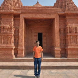 A man named Ankit standing in front of the beautifully detailed Ram Mandir.