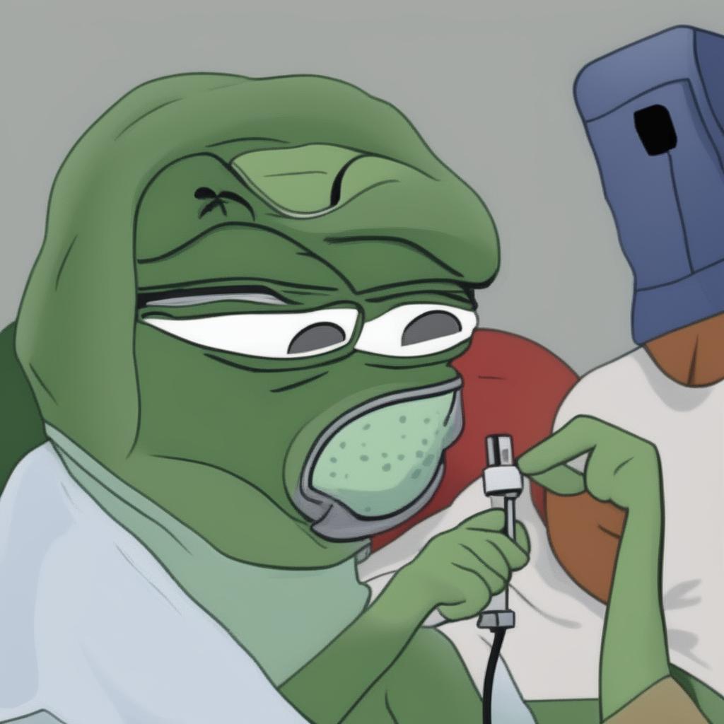 A high-quality digital art meme of Pepe the Frog wearing a mask and getting vaccinated