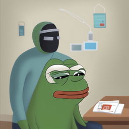 A high-quality digital art meme of Pepe the Frog wearing a mask and getting vaccinated