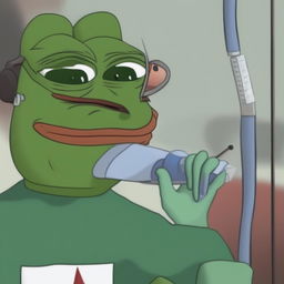 A high-quality digital art meme of Pepe the Frog wearing a mask and getting vaccinated