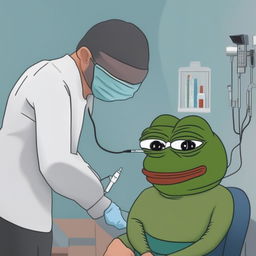 A high-quality digital art meme of Pepe the Frog wearing a mask and getting vaccinated