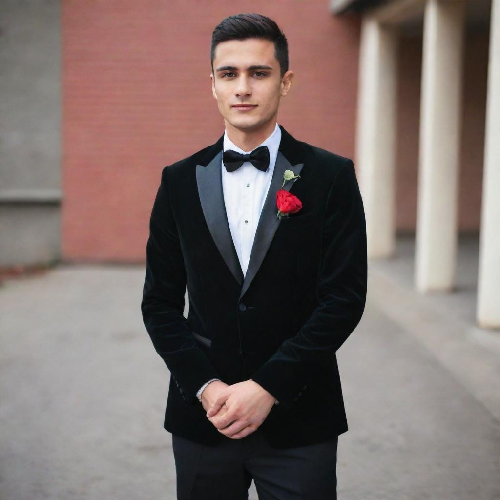 A stylish man dressed in a black velvet blazer, matching black shirt and pants, black formal shoes, sporting a black wristwatch. An artificial red flower adorns the pocket, signifying a school farewell.