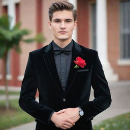 A stylish man dressed in a black velvet blazer, matching black shirt and pants, black formal shoes, sporting a black wristwatch. An artificial red flower adorns the pocket, signifying a school farewell.