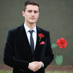 A stylish man dressed in a black velvet blazer, matching black shirt and pants, black formal shoes, sporting a black wristwatch. An artificial red flower adorns the pocket, signifying a school farewell.