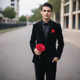 A stylish man dressed in a black velvet blazer, matching black shirt and pants, black formal shoes, sporting a black wristwatch. An artificial red flower adorns the pocket, signifying a school farewell.