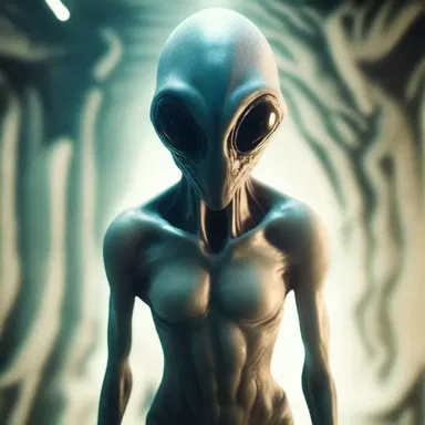 The alien creature stared at the human with its swirling eyes, quizzically trying to comprehend the strange behavior, much like a scene from a science fiction movie.