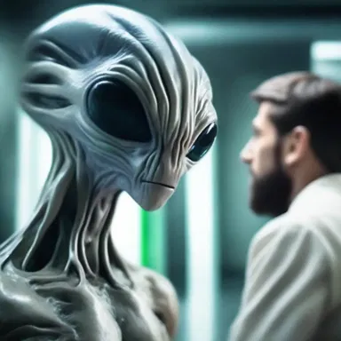 The alien creature stared at the human with its swirling eyes, quizzically trying to comprehend the strange behavior, much like a scene from a science fiction movie.