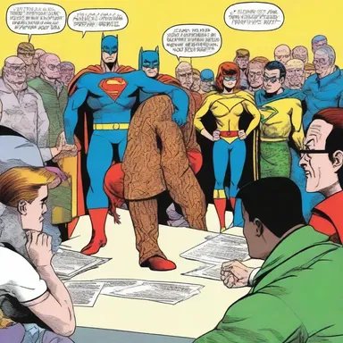 As the superhero foiled the villain's plan, the crowd gathered around, looking at him quizzically through the panels of the comic book.