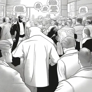 As the superhero foiled the villain's plan, the crowd gathered around, looking at him quizzically through the panels of the comic book.