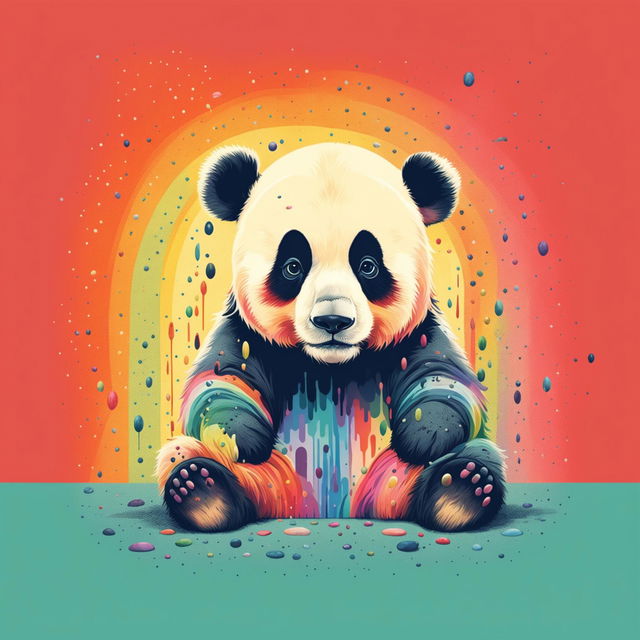 A high-quality digital poster featuring a distressed and upset panda in a retro style, set against a pastel rainbow background