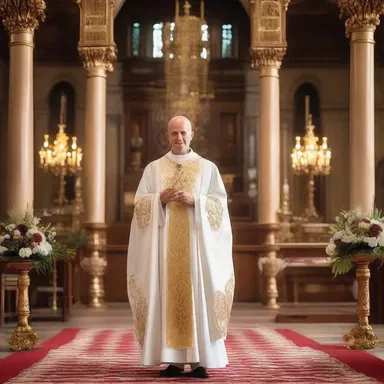 The priest arrived at the altar spruced up in a magnificent robe.