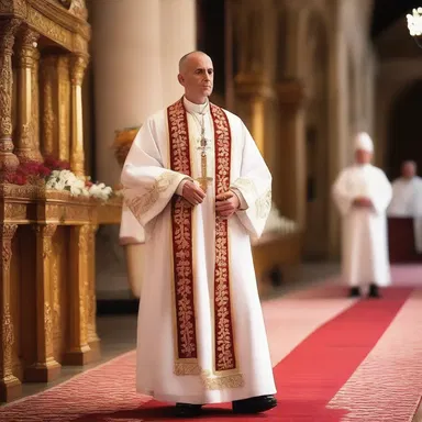 The priest arrived at the altar spruced up in a magnificent robe.
