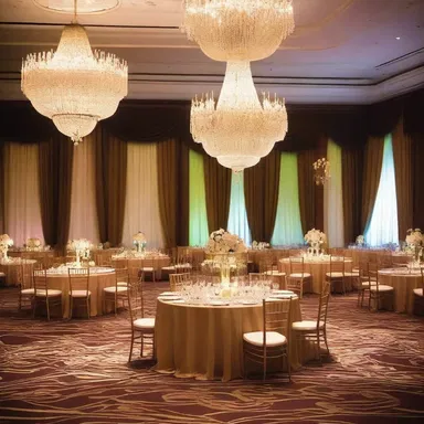 The grand ballroom was spruced up with exquisite chandeliers and elegant drapes.