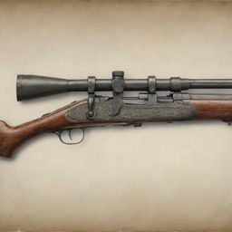 A ritualized image of an 1800s precursor to the sniper rifle, such as a long rifle or musket, with detailed design elements of the era.