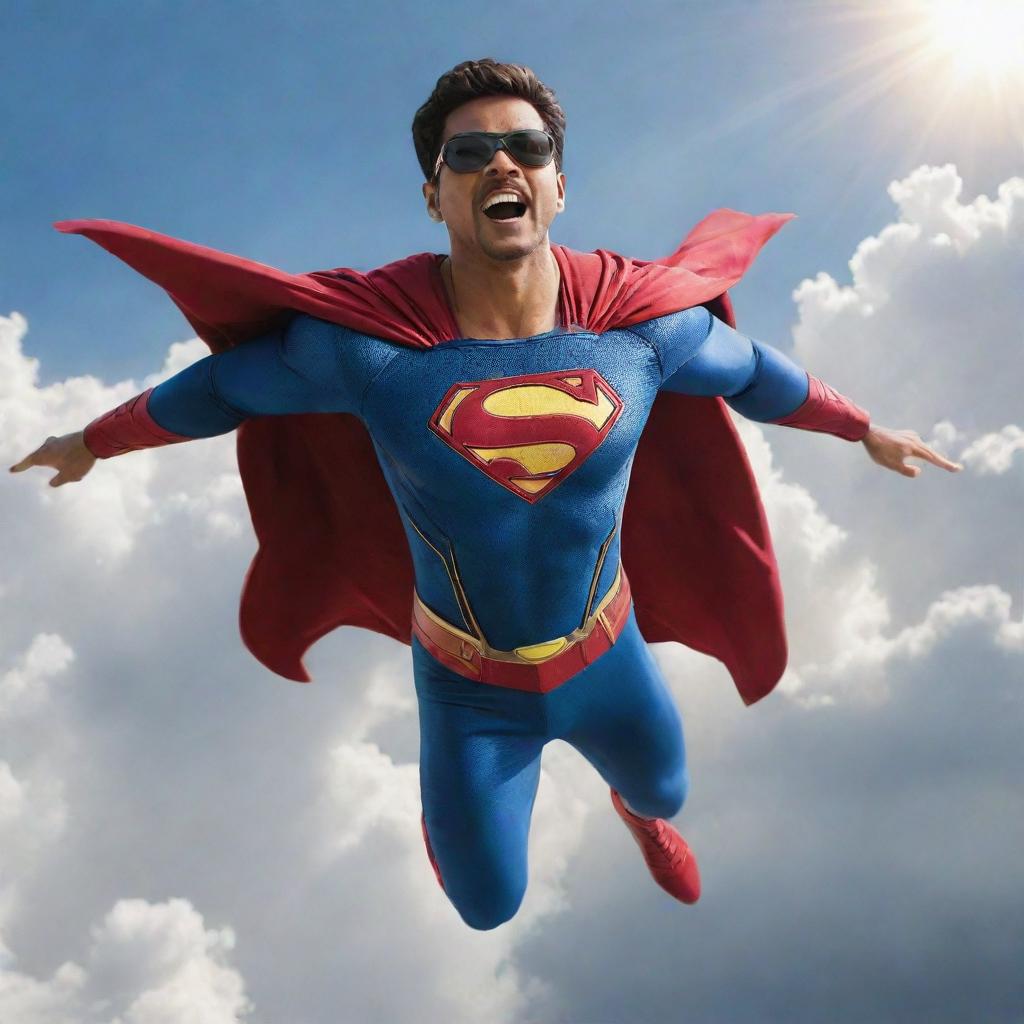 Vijay, wearing a superhero costume, gracefully soaring through the sky with clouds and sun in the background