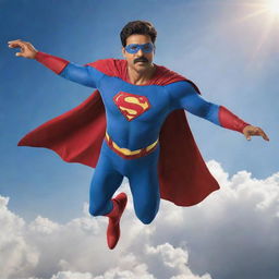 Vijay, wearing a superhero costume, gracefully soaring through the sky with clouds and sun in the background