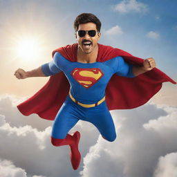 Vijay, wearing a superhero costume, gracefully soaring through the sky with clouds and sun in the background