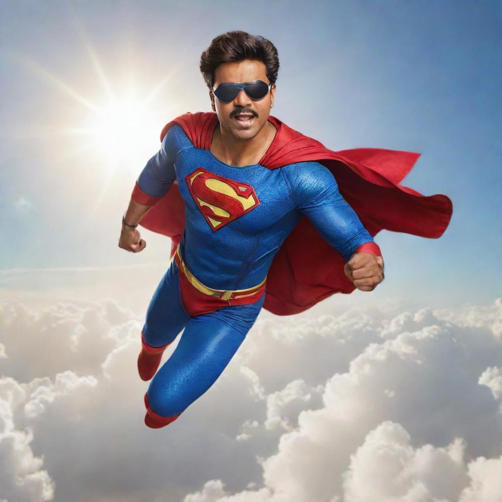 Vijay, wearing a superhero costume, gracefully soaring through the sky with clouds and sun in the background