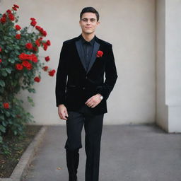 A man dressed for a school farewell, wearing a black velvet blazer over a black shirt, black pants, and matching black formal shoes. His look is embellished with an artificial red flower in his pocket and a sleek black watch.