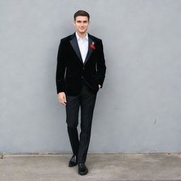 A man dressed for a school farewell, wearing a black velvet blazer over a black shirt, black pants, and matching black formal shoes. His look is embellished with an artificial red flower in his pocket and a sleek black watch.