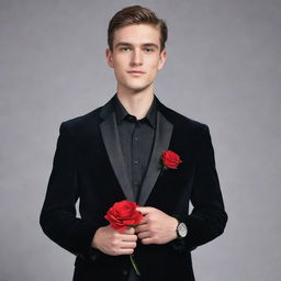 A man dressed for a school farewell, wearing a black velvet blazer over a black shirt, black pants, and matching black formal shoes. His look is embellished with an artificial red flower in his pocket and a sleek black watch.