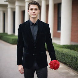 A man dressed for a school farewell, wearing a black velvet blazer over a black shirt, black pants, and matching black formal shoes. His look is embellished with an artificial red flower in his pocket and a sleek black watch.