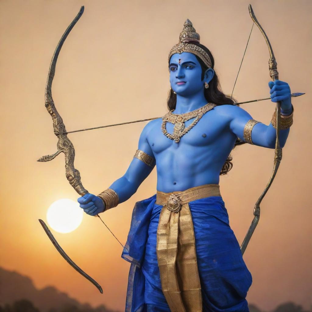 A majestic, divine figure of Lord Rama, adorned in royal blue attire, holding a silver bow and arrow, standing heroically against a golden sunset background