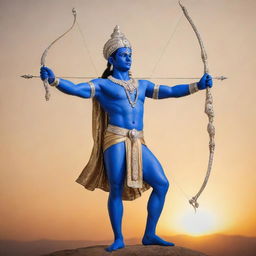 A majestic, divine figure of Lord Rama, adorned in royal blue attire, holding a silver bow and arrow, standing heroically against a golden sunset background