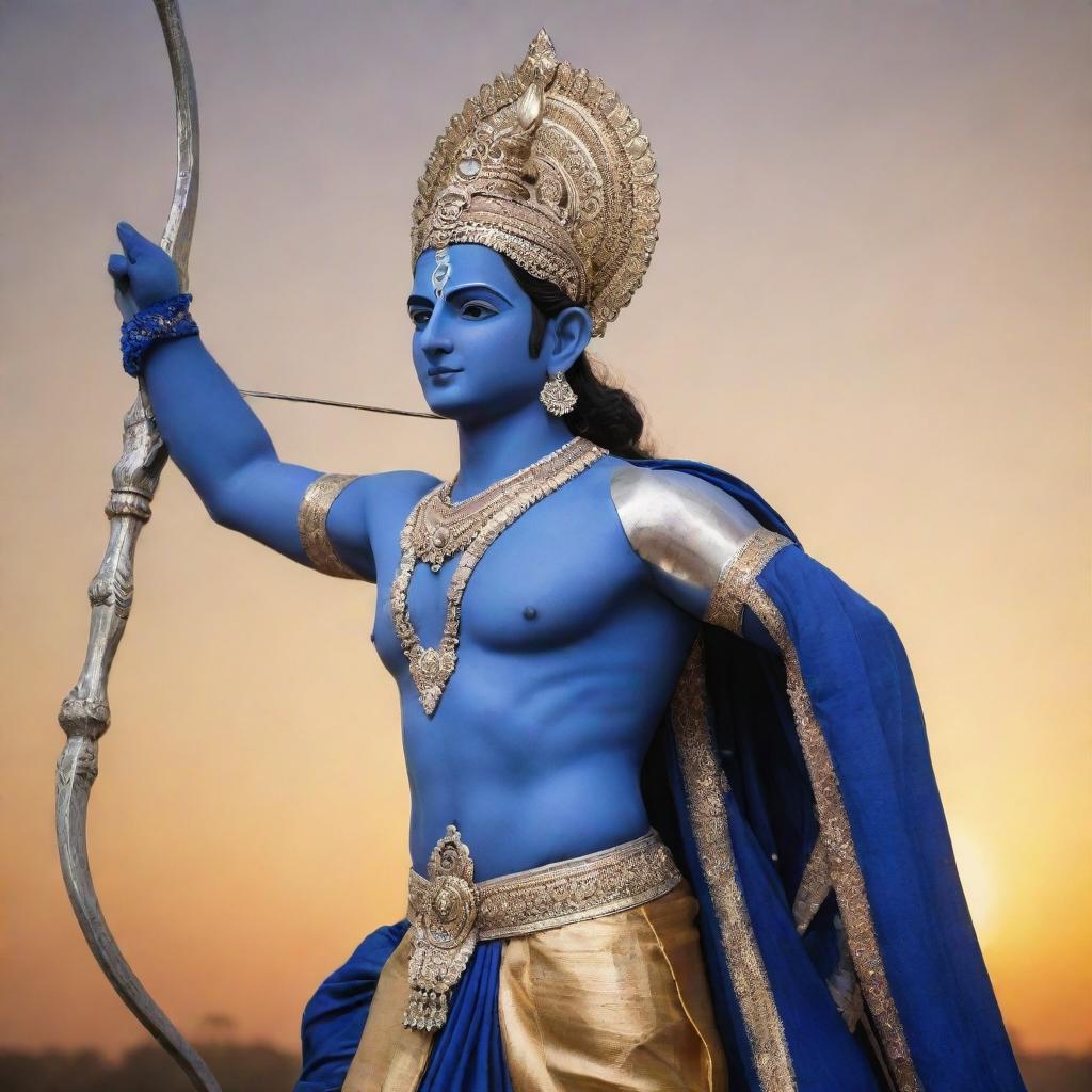 A majestic, divine figure of Lord Rama, adorned in royal blue attire, holding a silver bow and arrow, standing heroically against a golden sunset background