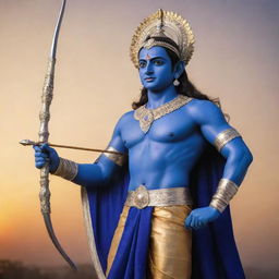 A majestic, divine figure of Lord Rama, adorned in royal blue attire, holding a silver bow and arrow, standing heroically against a golden sunset background