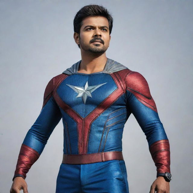 Indian actor Vijay with superhero-like abilities, soaring high in the sky