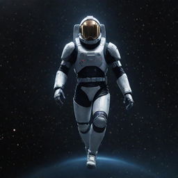 A lone player, garbed in shiny space gear, floating through the vastness of star-studded space.