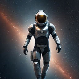 A lone player, garbed in shiny space gear, floating through the vastness of star-studded space.