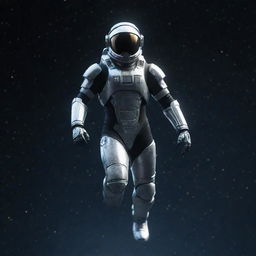 A lone player, garbed in shiny space gear, floating through the vastness of star-studded space.