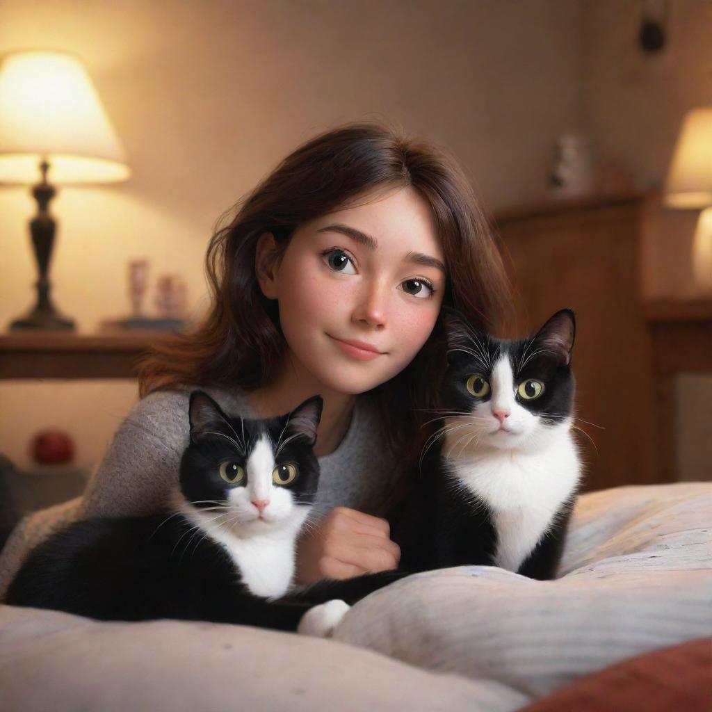 A Pixar-style image featuring a brunette girl and her black and white cat, evoking a warm, cozy ambiance.