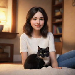 A Pixar-style image featuring a brunette girl and her black and white cat, evoking a warm, cozy ambiance.