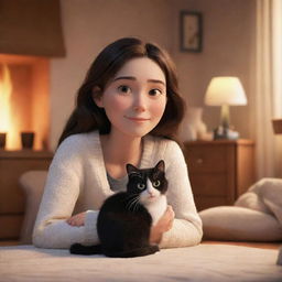 A Pixar-style image featuring a brunette girl and her black and white cat, evoking a warm, cozy ambiance.