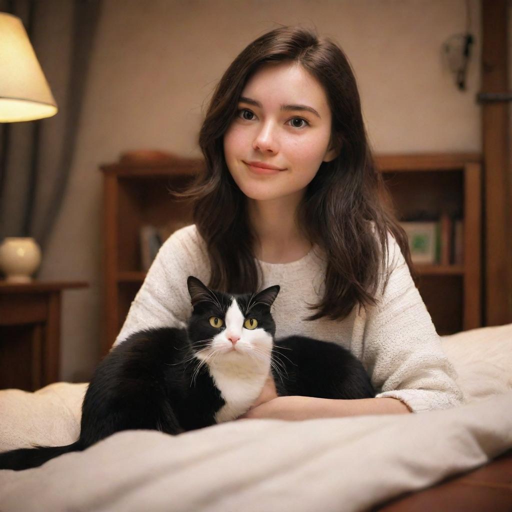 A Pixar-style image featuring a brunette girl and her black and white cat, evoking a warm, cozy ambiance.