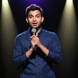 Illustration of Elvish Yadav, a popular Indian YouTuber and comedian, holding a microphone on a stage with spotlights highlighting him