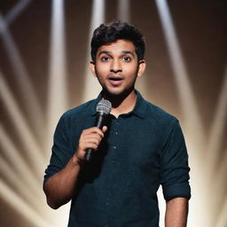 Illustration of Elvish Yadav, a popular Indian YouTuber and comedian, holding a microphone on a stage with spotlights highlighting him