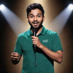 Illustration of Elvish Yadav, a popular Indian YouTuber and comedian, holding a microphone on a stage with spotlights highlighting him