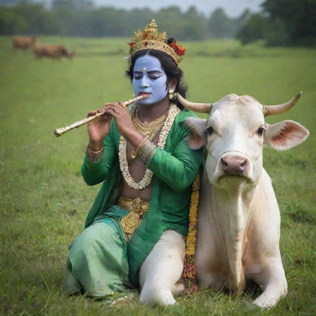 A serene image of Lord Krishna, adorned in traditional garb with a flute, gently caressing a peaceful cow in a lush, green meadow