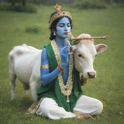 A serene image of Lord Krishna, adorned in traditional garb with a flute, gently caressing a peaceful cow in a lush, green meadow