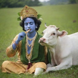 A serene image of Lord Krishna, adorned in traditional garb with a flute, gently caressing a peaceful cow in a lush, green meadow