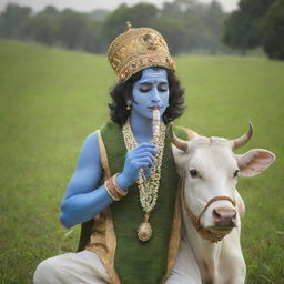 A serene image of Lord Krishna, adorned in traditional garb with a flute, gently caressing a peaceful cow in a lush, green meadow