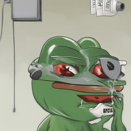 A revised meme-style digital art image of Pepe the Frog, now appearing deeply distressed and upset, with tears in his eyes, despite wearing a mask and getting vaccinated