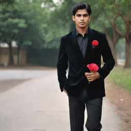 An Indian man wearing an unbuttoned black shirt, covered with a black velvet blazer, black pants, and black formal shoes. An artificial red flower adorns his pocket, and he sports a black watch. He is ready for a school farewell