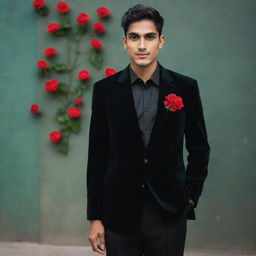 An Indian man wearing an unbuttoned black shirt, covered with a black velvet blazer, black pants, and black formal shoes. An artificial red flower adorns his pocket, and he sports a black watch. He is ready for a school farewell