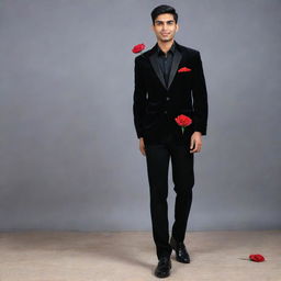 An Indian man wearing an unbuttoned black shirt, covered with a black velvet blazer, black pants, and black formal shoes. An artificial red flower adorns his pocket, and he sports a black watch. He is ready for a school farewell